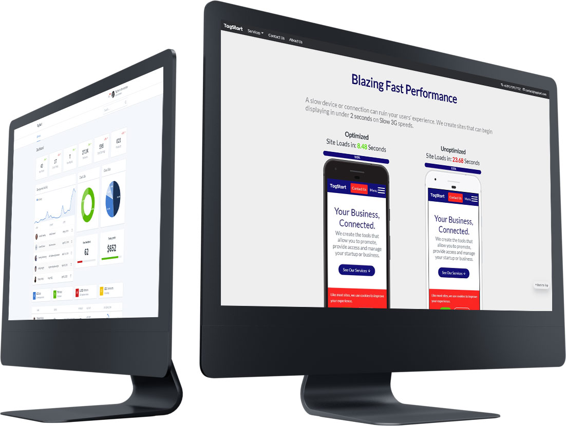 Business Management Web App and Website displayed on separate monitors.